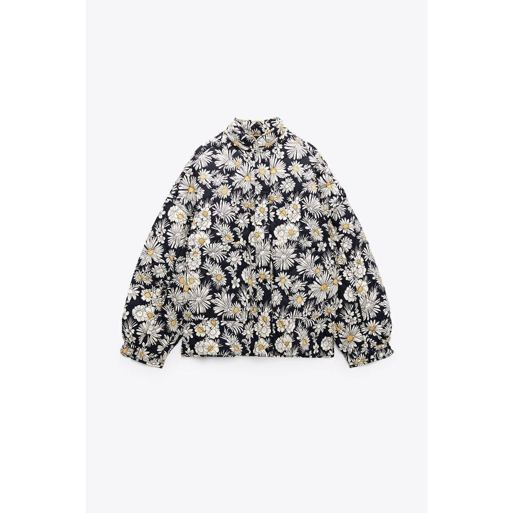 Zara Jacket Ditsy Floral Daisy Quilted Black Cream Size Medium
